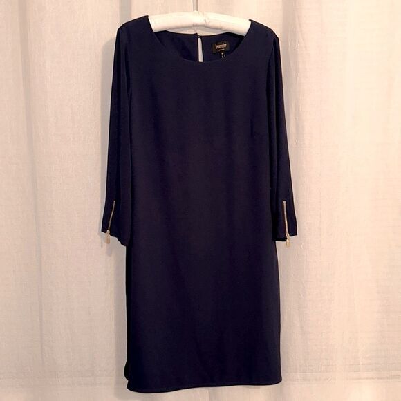 laundry by Shelli Segal 10 Midnight Navy Blue Quart Sleeve Back Zip Shift Dress - Picture 3 of 12